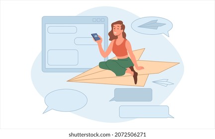 Sending message concept. Young woman sits on paper plane and receives notifications on her smartphone. Female character reads news and subscribes to social networks. Cartoon flat vector illustration