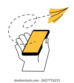 Sending message icon, paper plane hand smartphone