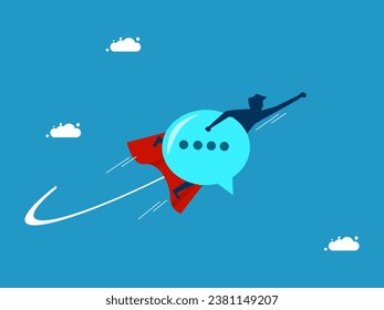 Sending a message. man holding a speech bubble flying in the sky