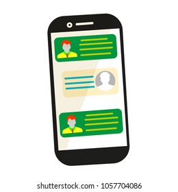 Sending message. Mobile chat. Phone with envelope, send button and notification, email. Flat cartoon illustration for web banners, sites, infographics design. Vector illustration.