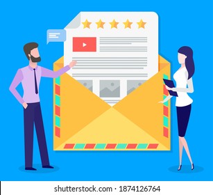Sending message, notification, invitation. Man telling a woman about business cooperation with partners, showing a contract document, standing on the background of an open envelope with a letter