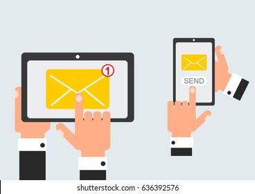 Sending message process concept.  Finger touch screen. Vector flat cartoon illustration for web sites, banners, info-graphic design