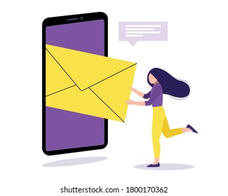 Sending a message, receiving mail. Online talking, network communication. Tiny girl puts huge letter in the phone screen. Vector illustration for chat app, subscribe on the website
