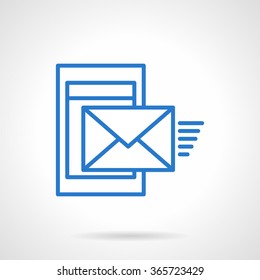 Sending message from smartphone or mobile device. Mobile mail. Simple blue line vector icon. Communications symbol. Web design element for website and mobile app.
