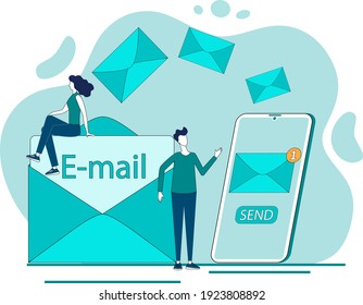 Sending messages by e-mail.The concept of postal services and communication via the Internet.People, envelope, and mobile phone.Flat vector illustration.