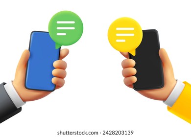 Sending messages concept with two smartphones. 3d vector illustration