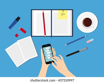 Sending messages to friends via instant messaging. Female hand holding a smartphone with a chat on the display. vector illustration of business people Top View angle above the office
