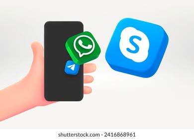 Sending messages via Whatsapp, Telegram and Skype with mobile phone. Vector 3d editorial illustration. TURKEY, FETHIYE, December 26, 2023 