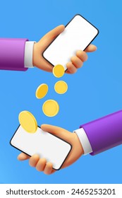 Sending money to friend via smartphone. 3d vector illustration