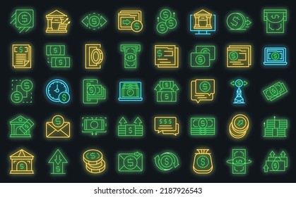 Enviando iconos de dinero conjunto vector de contorno. Crédito de la cartera. Neón vector de financiación digital