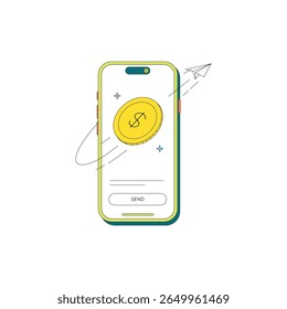 Enviando dinheiro com aplicativo móvel - Ilustração de vetor