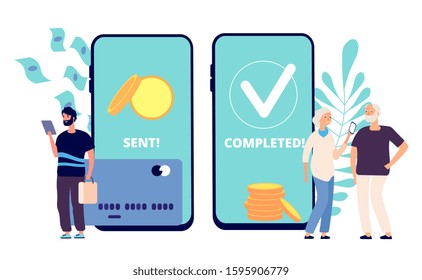 Sending money. Son sends money elderly parents. Mobile transfer payments, completed transaction. Caring man vector illustration