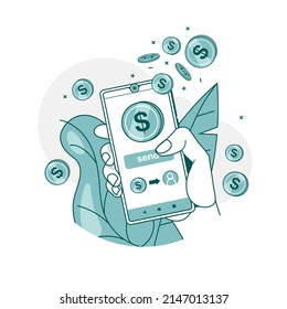 Sending money. Vector illustration of a hand with a phone