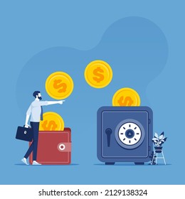 Sending money from wallet to the safe, money savings and secure bank deposit concept