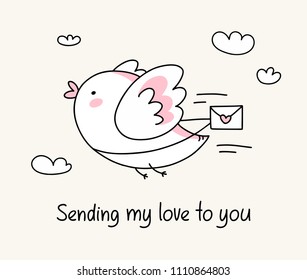 Sending my love to you greeting card with funny bird with love letter. Happy Valentine`s Day love cartoon illustration card