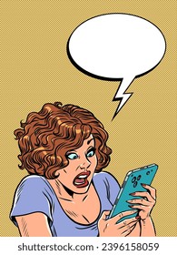 Sending notifications to customers about promotions in the store. A woman is surprised by a message on her phone. Correspondence between social network users. Pop Art Retro Vector Illustration Kitsch