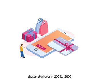 Sending Online Gift Card 3d Isometric Vector Concept. Man Using A Mobile Phone App To Send A Gift Card