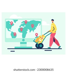 Sending orders abroad. Worldwide delivery. Man is carrying boxes on cart for shipment to different countries. Global transport services, international carrier. Color vector illustration in flat style