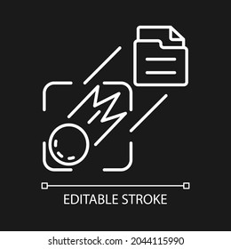 Sending pictures of space white linear icon for dark theme. Capturing celestial bodies. Thin line customizable illustration. Isolated vector contour symbol for night mode. Editable stroke