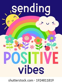 "Sending positive vibes" typography design with flower, butterfly and ladybird for greeting card, poster, postcard or banner. Positive quotes with cute hand drawn illustration.