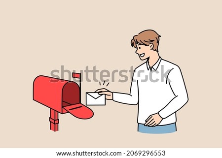 Sending post letter service concept. Young smiling man cartoon character standing putting envelope with letter into red post office box vector illustration 