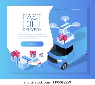 Sending presents by autonomous drone or car, copter delivering gift, 3d isometric vector illustration with modern technology devices