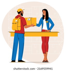 Sending and rceiveing parcell. Postal delivery service. Man at counters, pick up points. Flat vector illustration.