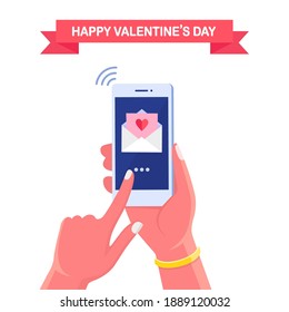 Sending or receive love letter, message, sms by phone. Happy valentines day. Envelope with red heart. Vector illustration