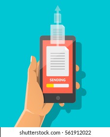Sending, receiving document concept. Man's hand holding phone with file, progress bar, arrow on the screen. Vector flat cartoon illustration for advertising web banners, sites, infographics design.