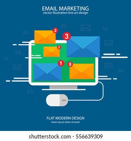 Sending or receiving email sms messages around the world. E-mail marketing concept. Vector illustration. Flat design.