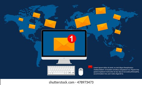 Sending or receiving email sms and mms messages around the world. E-mail marketing concept. Vector illustration, flat design