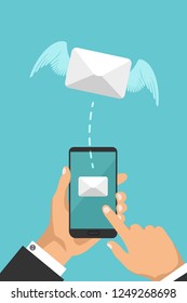 Sending or receiving email in a trendy style. Message icon or letter symbol on a phone screen. Envelope with wings flies out of the smartphone. Isolated vector illustration.