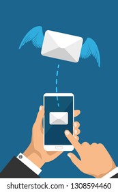 Sending or receiving email in a trendy style. Message icon or letter symbol on a phone screen. Envelope with wings flies out of the smartphone. Isolated vector illustration. 