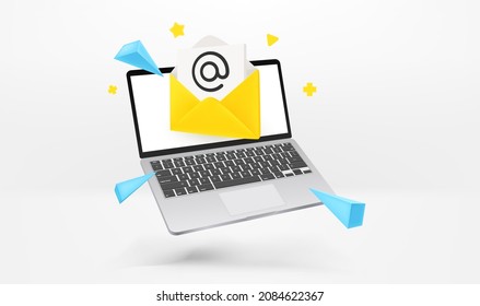 Sending and receiving email via modern laptop. 3d vector illustration