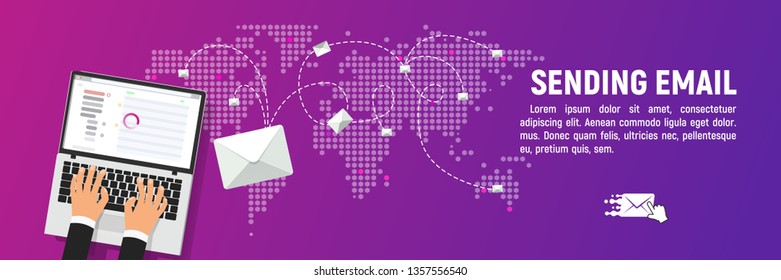 Sending and receiving email web banner rectangle template vector illustration. Send mail letters from laptop to anywhere in the world concept