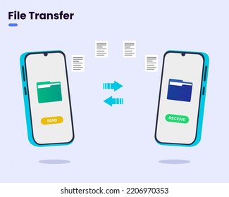 Sending and receiving a file from one phone to another via the internet electronic file transfer. vector illustration.