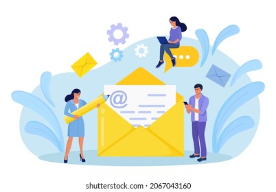 Sending and receiving mail messages. People using electronic mail by mobile phone. Characters holding smartphone and writing email letters. New incoming sms, chat in social network, spam