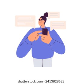 Enviando y recibiendo mensajes, comentarios en el teléfono móvil. Mujer usando smartphone, leyendo comentarios, chat en línea. Concepto de comunicación de Messenger. Ilustración vectorial plana aislada en fondo blanco