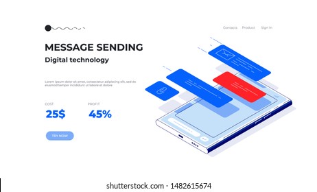Sending and receiving messages, isometric icon of chat messenger, smartphone with message on screen, line vector in white background