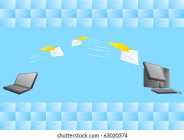 Sending and receiving messages on the Internet via email. Two computers are sending each other letters.