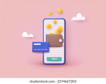 Sending and receiving money. Banking payment app. Wallet with coins and credit card. 3D Web Vector Illustrations. svg