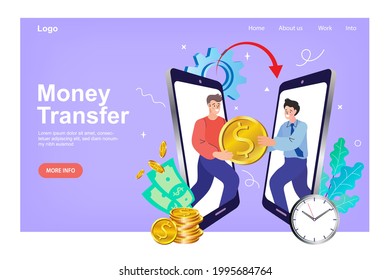 Sending and Receiving Money by Smartphone. Money Transfer and Payment Transaction in Online Banking Mobile App. People sending and receiving banknotes. Vector Illustration.