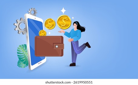 Sending and Receiving Money by Smartphone. Money Transfer and Payment Transaction in Online Banking Mobile App. Man using their phones as electronic wallets. Vector Illustration.