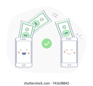 Sending and receiving money, mobile payments using smartphone, transaction between two mobile phones. Financial illustration. Successful transaction concept. Premium quality flat outline icon.