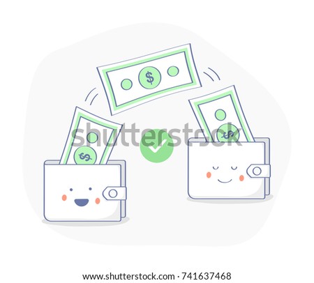 Sending and receiving money from one purse to another, payments between wallets. Financial illustration. Successful transaction concept. Premium quality flat outline icon.