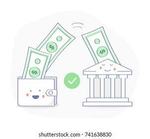 Sending And Receiving Money, Payments, Transfer, Deposit, Banking. Money Bills Fly From A Happy Purse (wallet) To The Bank Building. Successful Transaction. Premium Quality Flat Outline Icon.