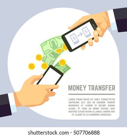 Sending and receiving money wireless with mobile phones and banking payment apps vector concept. Transaction use smartphone and electronic technology illustration