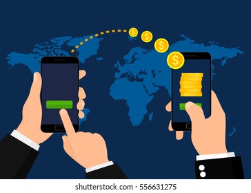 Sending and receiving money wireless with their mobile phones. Vector illustration. Flat design.