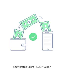 Sending and receiving money wireless with from wallet to mobile phone, fund remittance. Hands holding smart phone and purse with cash, banking payment app. Flat outline vector illustration icon.