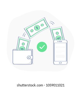 Sending and receiving money wireless with from wallet to mobile phone, fund remittance, banking. Hands holding smart phone and purse with cash, banking payment app. Flat outline vector illustration.